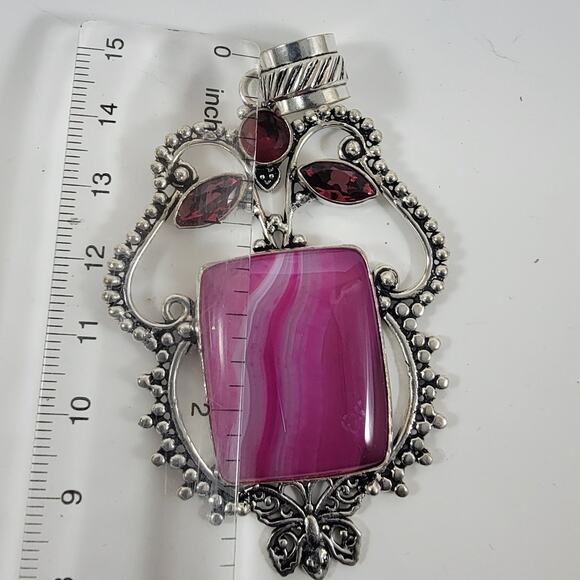 Handmade Silver Pendant Necklace with Pink Banded Agate & Garnet Accents - Picture 3 of 10